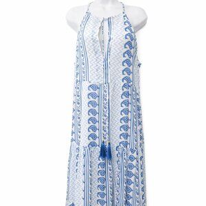 NWOT Oliphant Long Sleeveless Tiered Tassel Dress Blue and White - Size Large